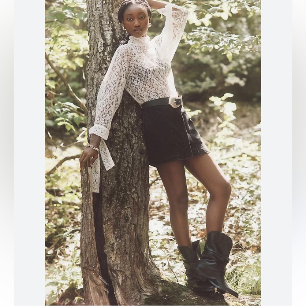 PILCRO FOR ANTHROPOLOGIE BUTTON FRONT HIGH WAISTED MINI SKIRT WASHED BLACK DENIM - Picture 9 of 14